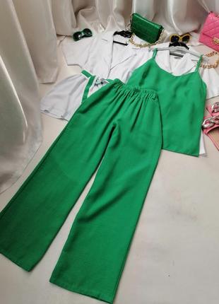 Літній лляний костюм трійка майка - топ - блузка насиченого яскравого кольору довгі штани полаццо висока посадка