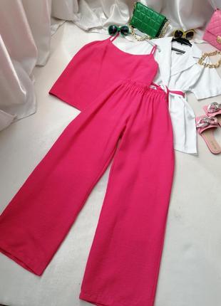 Літній костюм трійка льон жакет блейзер з поясом майка і довгі широкі штани палаццо