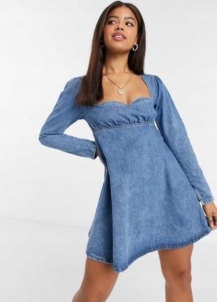 Asos джинсова сукня, плаття джинсове з рукавом, денім коротке плаття, декольте сарафан