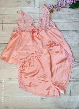 Пижама атласная комплект набор для сна шорты и короткий топ