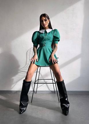 Жіноча ніжна зелена коротка міні сукня з білим комірцем рукава ліхтарики baby doll