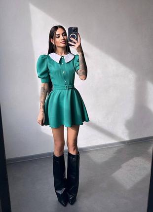 Жіноча ніжна зелена коротка міні сукня з білим комірцем рукава ліхтарики baby doll
