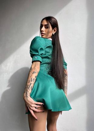 Жіноча ніжна зелена коротка міні сукня з білим комірцем рукава ліхтарики baby doll