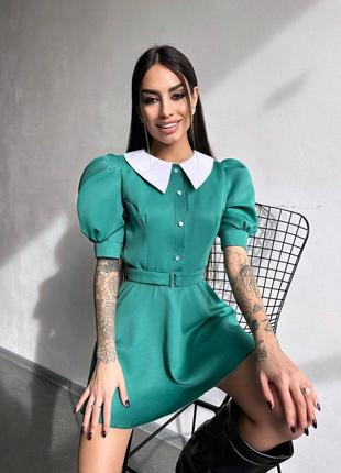 Жіноча ніжна зелена коротка міні сукня з білим комірцем рукава ліхтарики baby doll