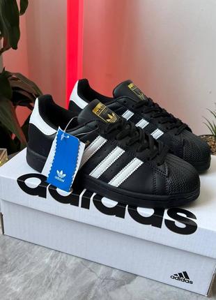 Adidas superstar black white premium женские кроссовки адидас суперстар кожаные