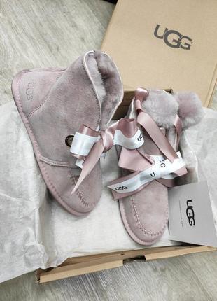 Угг мини женские розовые сапоги замшевые ugg bailey bow mini suede pink9 фото