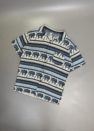 Легка літня сорочка з принтом, орнаментом, слони, бежева, молочна, блакитна, синя, гавайка, теніска, шведка, віскоза