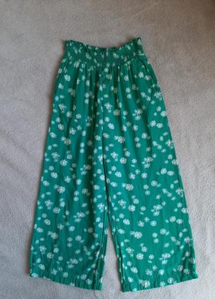 Широкі  літні брюки, штани зелені у ромашка, квітки h&m 1343 фото
