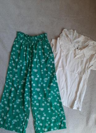 Широкие летние брюки, брюки зеленые в ромашка, цветки h&amp;m 1347 фото