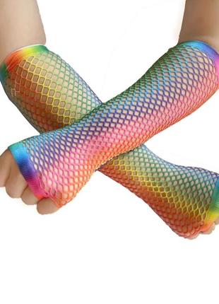 Митенки перчатки без пальцев в сеточку, женские митенки сетка. радужный цвет.