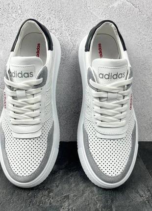 Кросівки чоловічі з натуральної шкіри в білому кольорі, мужские летние белые кроссовки с логотипом adidas3 фото