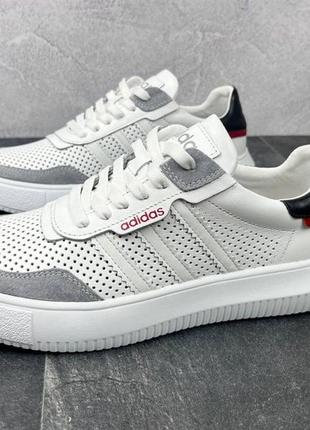 Кросівки чоловічі з натуральної шкіри в білому кольорі, мужские летние белые кроссовки с логотипом adidas2 фото