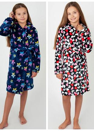 Теплий махровий халат з поясом для дівчинки, халат бузковий сердечка, тёплый махровый халат для девочки