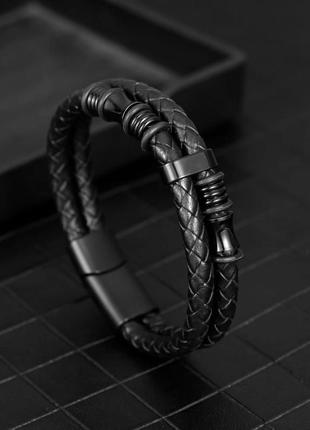 Браслет мужской кожаный swap черный плетеный 17-19 см