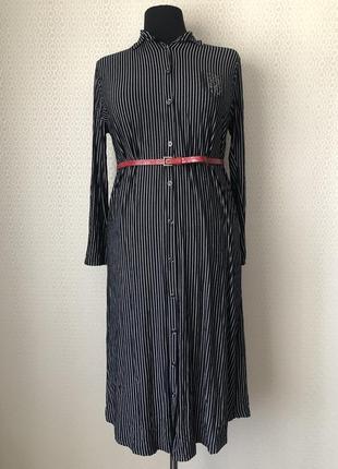 Стильное трикотажное черное платье рубашка в вертикальную белую полоску, размер l-3xl2 фото
