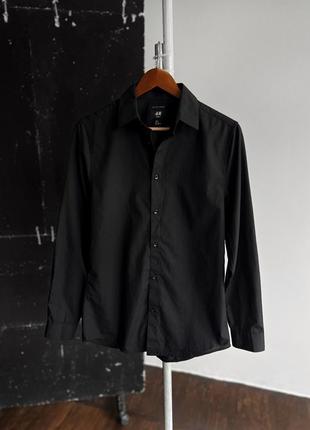 H&m mens black slim fit long sleeve button shirt чорна, однотонна сорочка на довгий рукав
