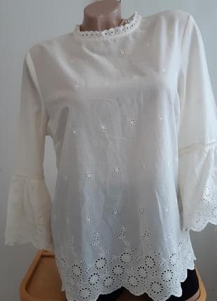 Хлопковая блуза прошва воланы на рукавах размер 40