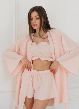Персиковий жіночий піжамний комплект-трійка9 фото