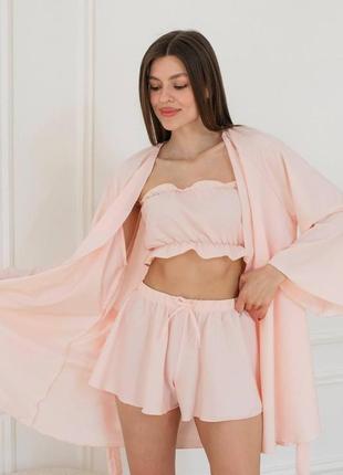Персиковий жіночий піжамний комплект-трійка8 фото
