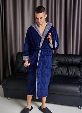 Халат мужской махровый для подростка длинный s-m синий 4001