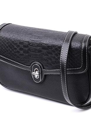 Елегантна сумка жіноча з фактурним клапаном з натуральної шкіри vintage 22624 чорна
