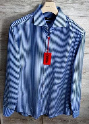 Мужская элегантная хлопковая базовая рубашка hugo boss синего цвета в полоску размер 45(xxl)4 фото