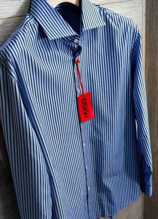 Мужская элегантная хлопковая базовая рубашка hugo boss синего цвета в полоску размер 45(xxl)2 фото