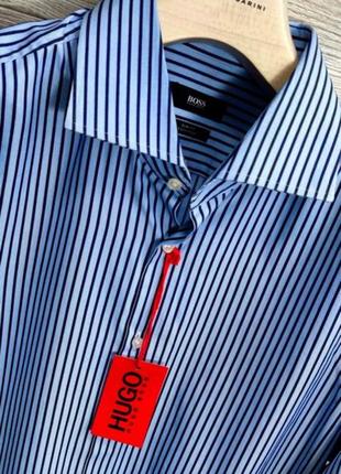 Мужская элегантная хлопковая базовая рубашка hugo boss синего цвета в полоску размер 45(xxl)3 фото
