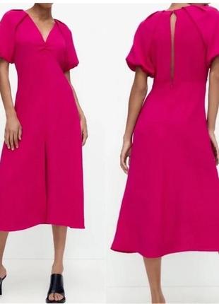 Платье zara новое с бирками / длина миди в размере м / летнее платье с разрезами / цвет: фуксия, розовое1 фото