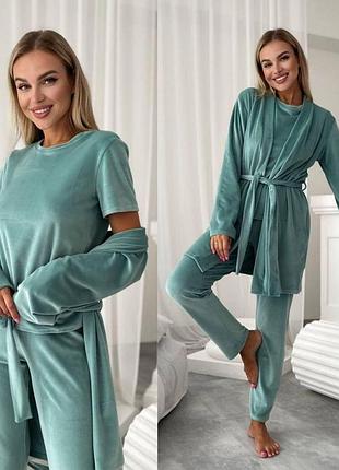 Домашний велюровый комплект тройка, халат штаны и футболка