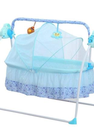 Електрична дитяча гойдалка baby rocker з килимком 3 швидкості гойдання з дитячою колискою (синя)
