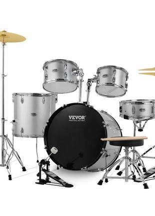 Повнорозмірна барабанна установка vevor із 5 предметів із підставкою на трон, срібна