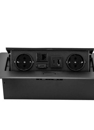 Висувна настільна розетка з 2 роз'ємами hdmi eu lan та зарядними пристроями usb typec 5в 2а чорний