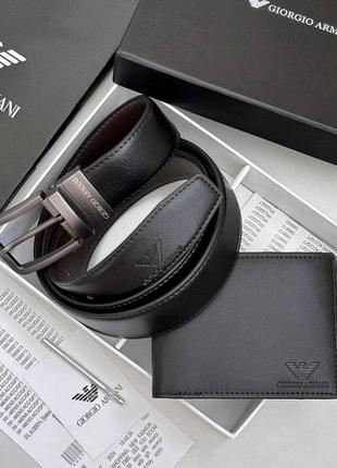 Чоловічий подарунковий набір гаманець і ремінь giorgio armani брендове портмоне зі шкіри армані шкіряний пояс чорний