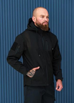 Куртка softshell премиум с микрофлисом черная для демисезона капюшон липучки много карманов легкая вод ku-22