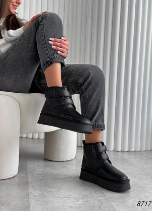 Черные женские зимние высокие угги угги на липучках из натуральной кожи кожаные зимние...