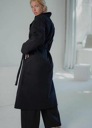 Пальто черное с поясом на синтепоне 100 теплое на подкладке батал кашемир