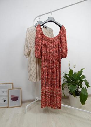 Легка натуральна ярусна сукня міді довга із об'ємними рукавами воланами на резинці штапель літня7 фото