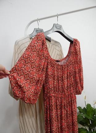 Легка натуральна ярусна сукня міді довга із об'ємними рукавами воланами на резинці штапель літня2 фото