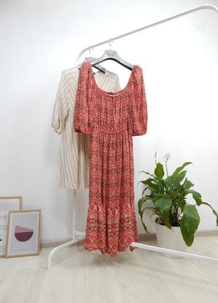 Легка натуральна ярусна сукня міді довга із об'ємними рукавами воланами на резинці штапель літня6 фото
