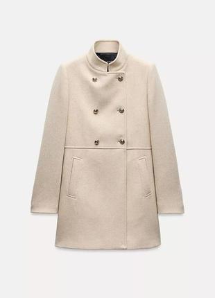 Двобортне вовняне бежеве пальто zara new