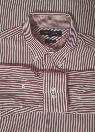 Шикарная хлопковая рубашка белого цвета в красную полоску tommy hilfiger custom fit8 фото