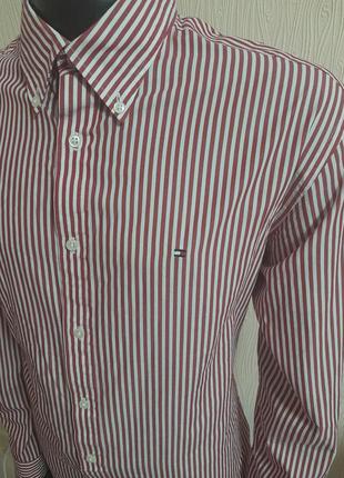 Шикарная хлопковая рубашка белого цвета в красную полоску tommy hilfiger custom fit5 фото
