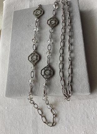 Колье ланцюг крупний скляні намистини срібний колір