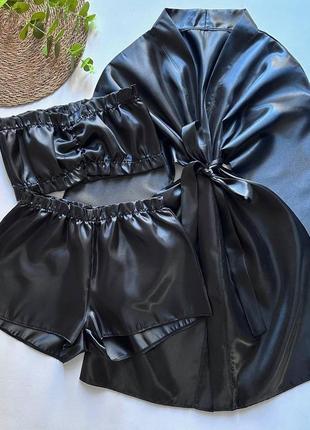 Халат и пижама из атласа, халат с пижамой атлас, пижама атласная топ и шорты и халатик
