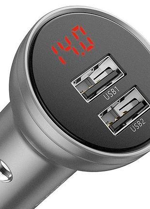 Автомобільний адаптер baseus цифровий дисплей подвійний usb 2usb, 4.8a, 24w, срібло