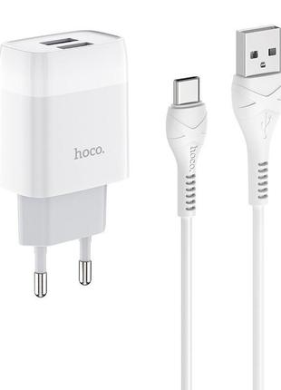 Мережевий зарядний пристрій заряджання hoco c73a glorious 2 usb 2.4 a адаптер з кабелем type-c white