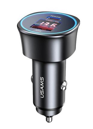 Адаптер автомобильный usams dual ports digital display fast car charger us-cc146 c26 |1usb/1type-c, 3a/95w,