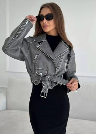 Трендова вінтажна вкорочена шкіряна косуха авіатор автоледі, косуха на блискавці, жіноча куртка екошкіра демісезонна осінь весна/ хр