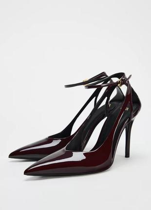Блестящий лакированные бордовые женские туфли zara new pl